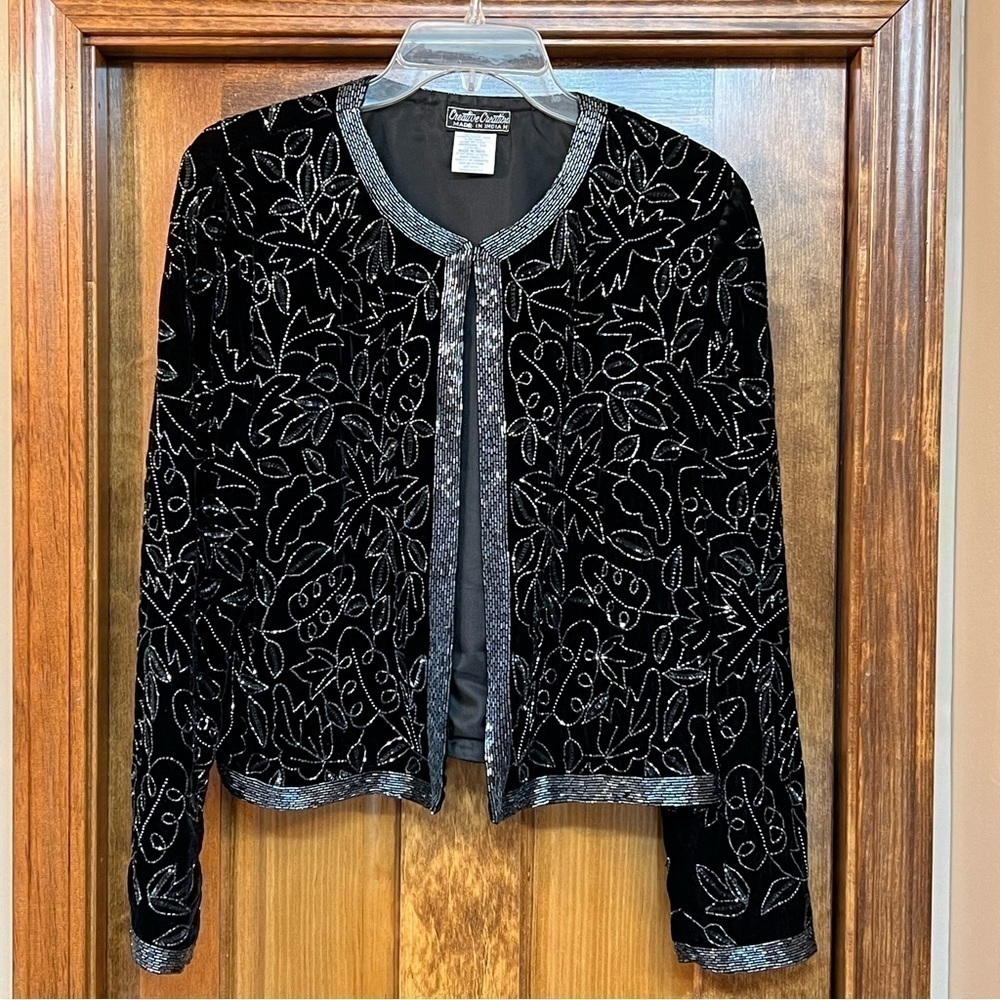 Vintage Creative Creations Black Velvet Embellished‎ Evening Jacket Sz M EUC